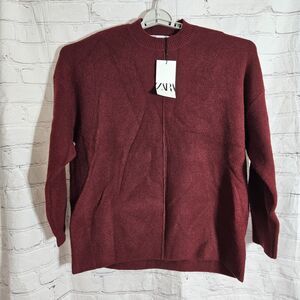 NWT New Womens Size S Zara Red Soft Ribbed Knit Wool Blend Oversized Sweater
